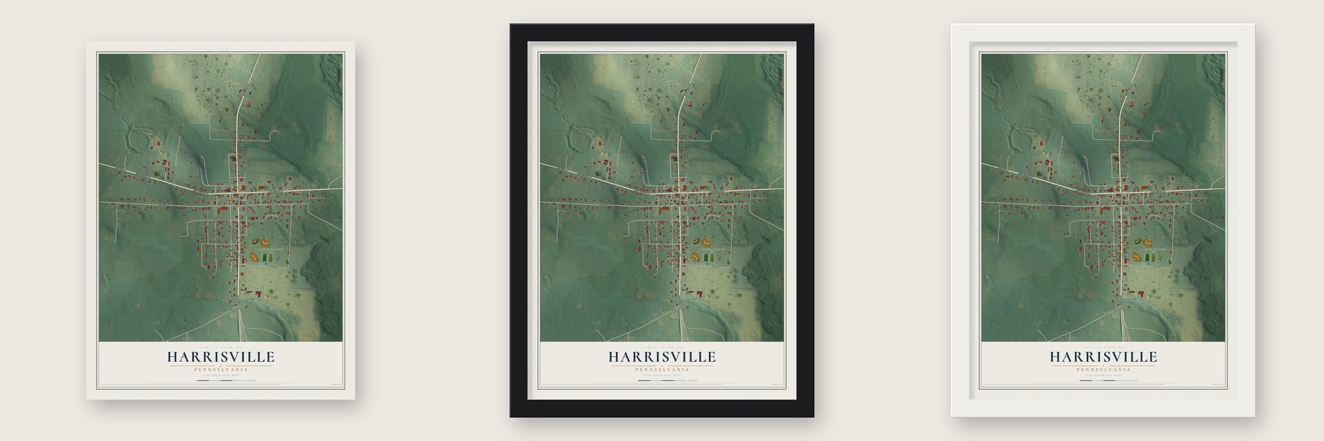 Harrisville, Pennsylvania map unframed, in a black wood frame and in a white wood frame