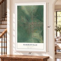 Harrisville, Pennsylvania map, 24 x 36 inch print in a white frame by a staircase