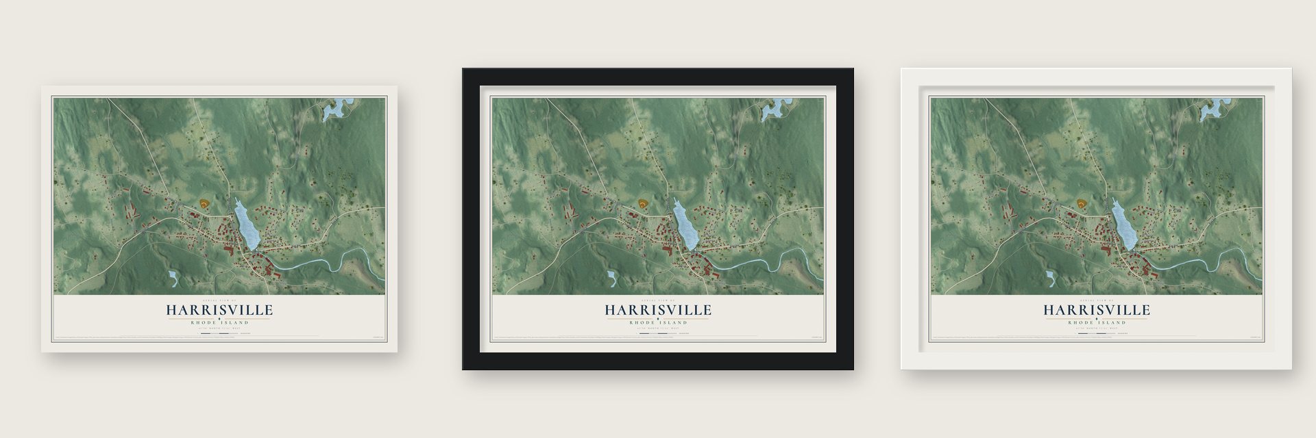 Harrisville, Rhode Island map unframed, in a black wood frame and in a white wood frame