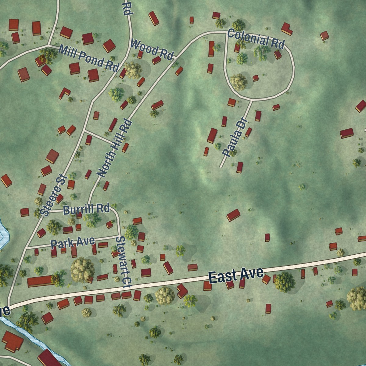 Second close-up of the map of Harrisville, Rhode Island print showing more streets and buildings