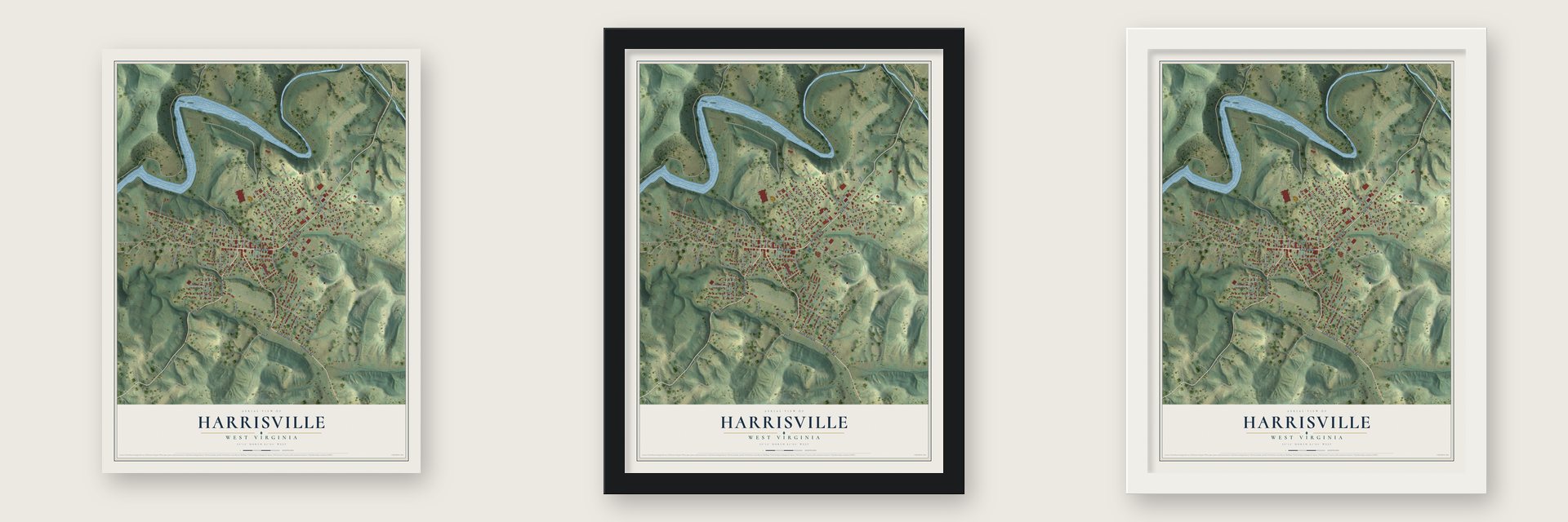 Harrisville, West Virginia map unframed, in a black wood frame and in a white wood frame