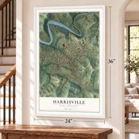 Harrisville, West Virginia map, 24 x 36 inch print in a white frame by a staircase