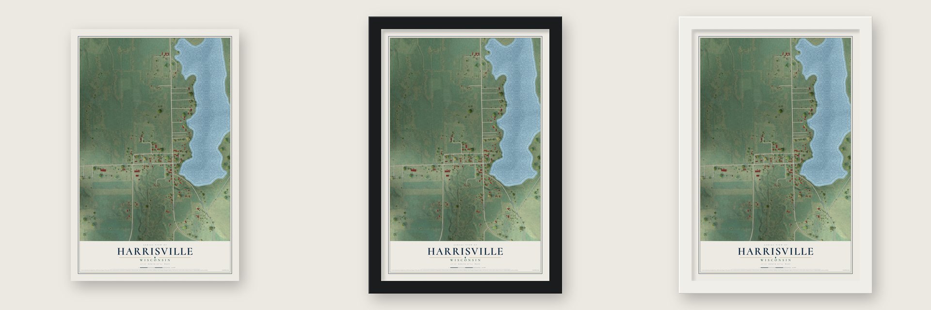 Harrisville, Wisconsin map unframed, in a black wood frame and in a white wood frame
