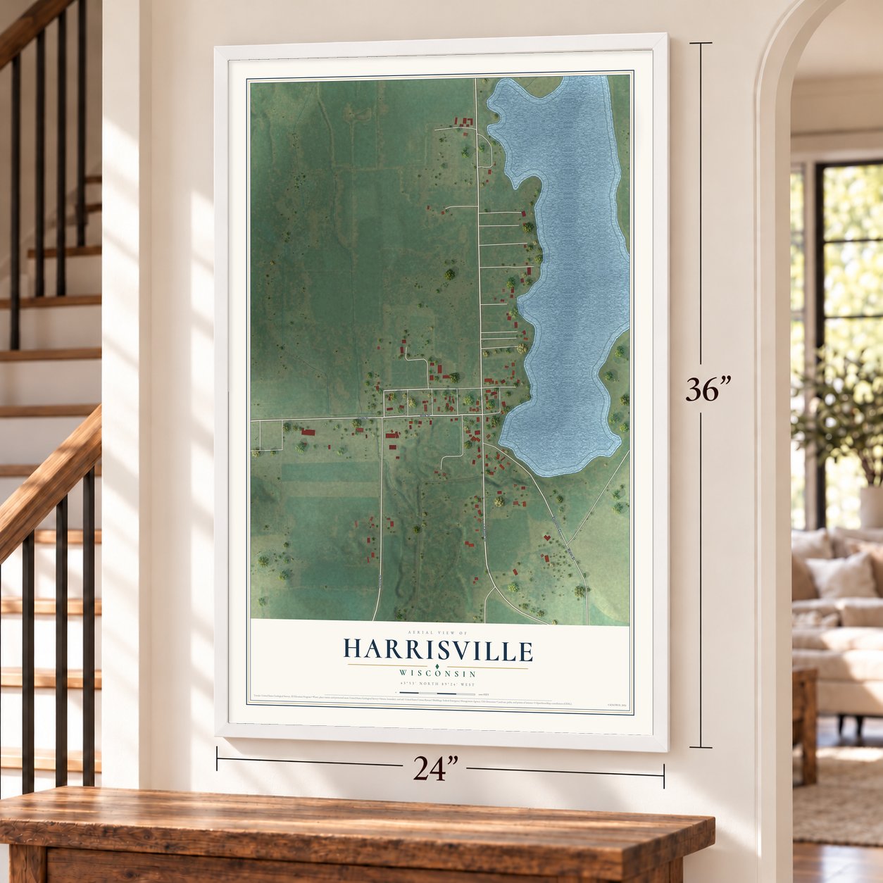 Harrisville, Wisconsin map, 24 x 36 inch print in a white frame by a staircase