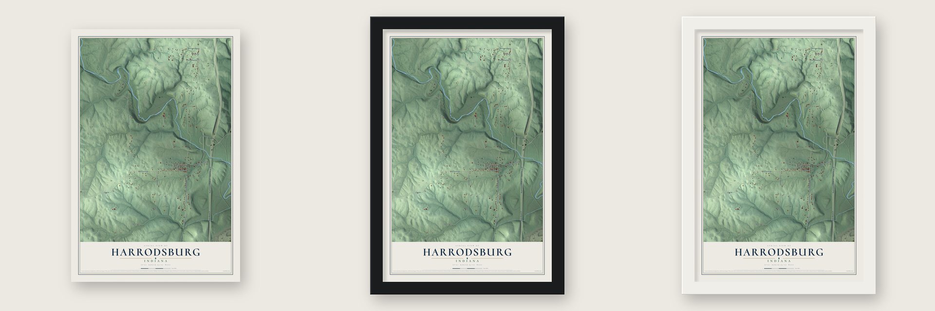 Harrodsburg, Indiana map unframed, in a black wood frame and in a white wood frame