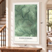 Harrodsburg, Indiana map, 24 x 36 inch print in a white frame by a staircase