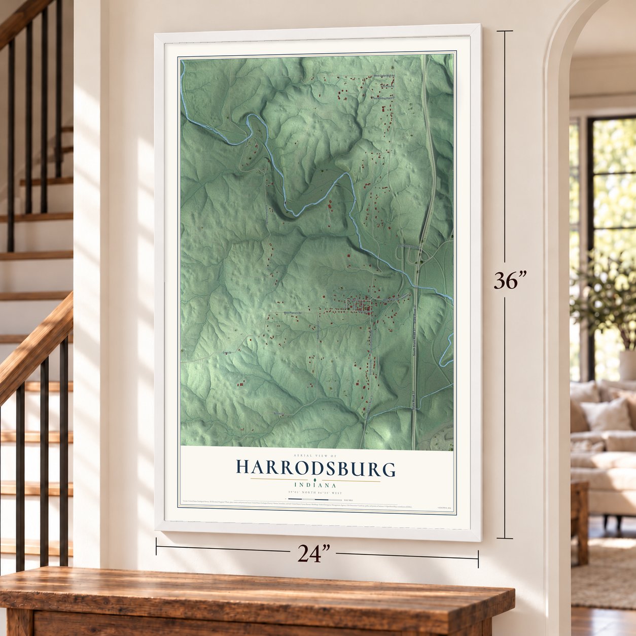 Harrodsburg, Indiana map, 24 x 36 inch print in a white frame by a staircase