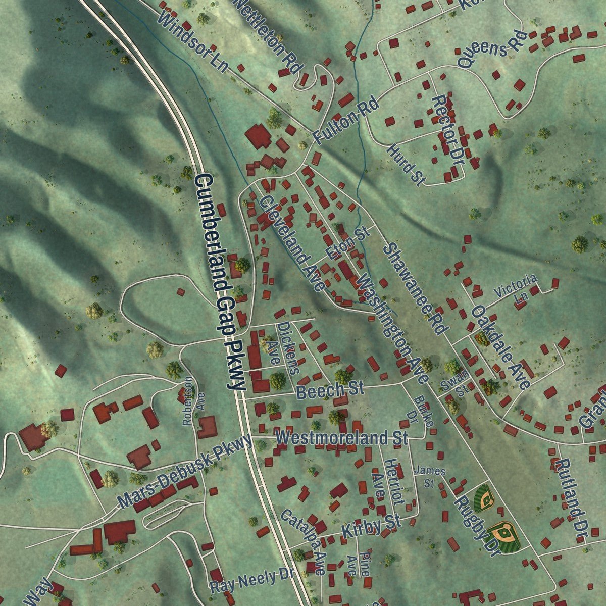 Second close-up of the map of Harrogate, Tennessee print showing more streets and buildings