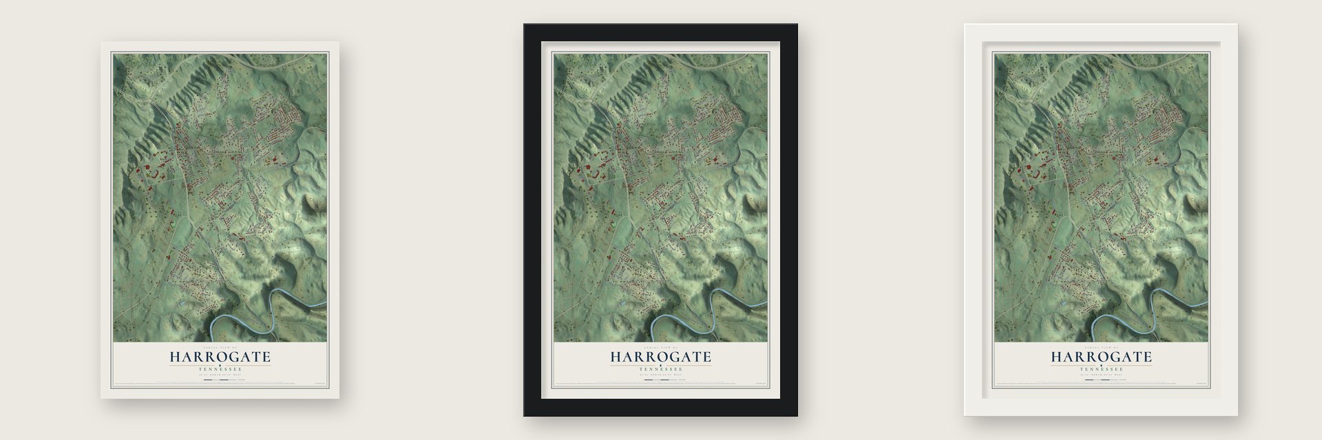 Harrogate, Tennessee map unframed, in a black wood frame and in a white wood frame