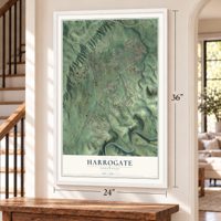Harrogate, Tennessee map, 24 x 36 inch print in a white frame by a staircase