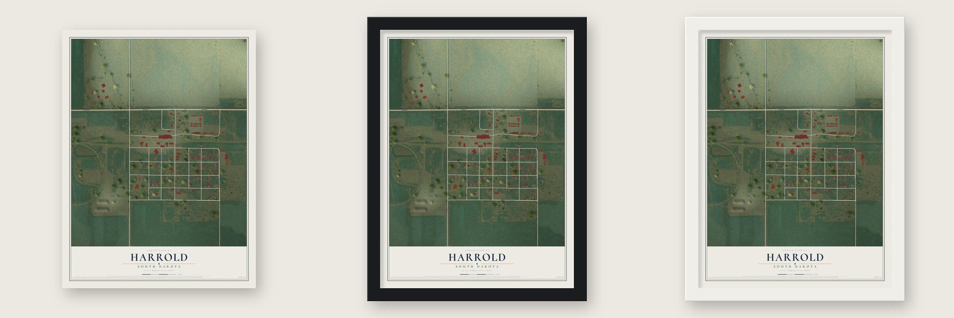 Harrold, South Dakota map unframed, in a black wood frame and in a white wood frame