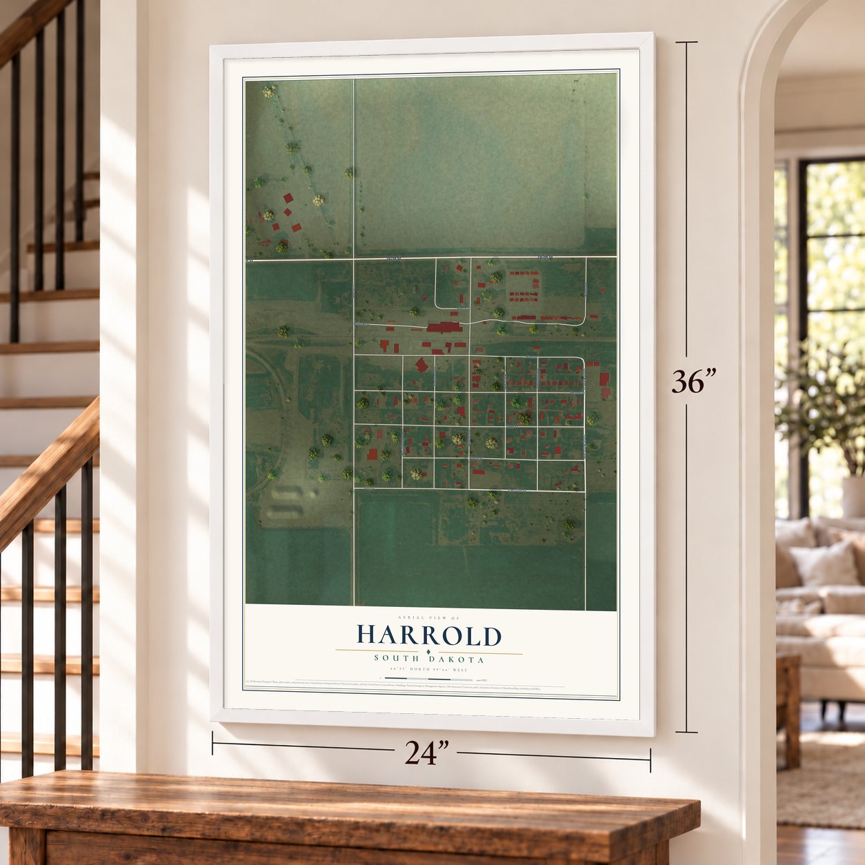 Harrold, South Dakota map, 24 x 36 inch print in a white frame by a staircase