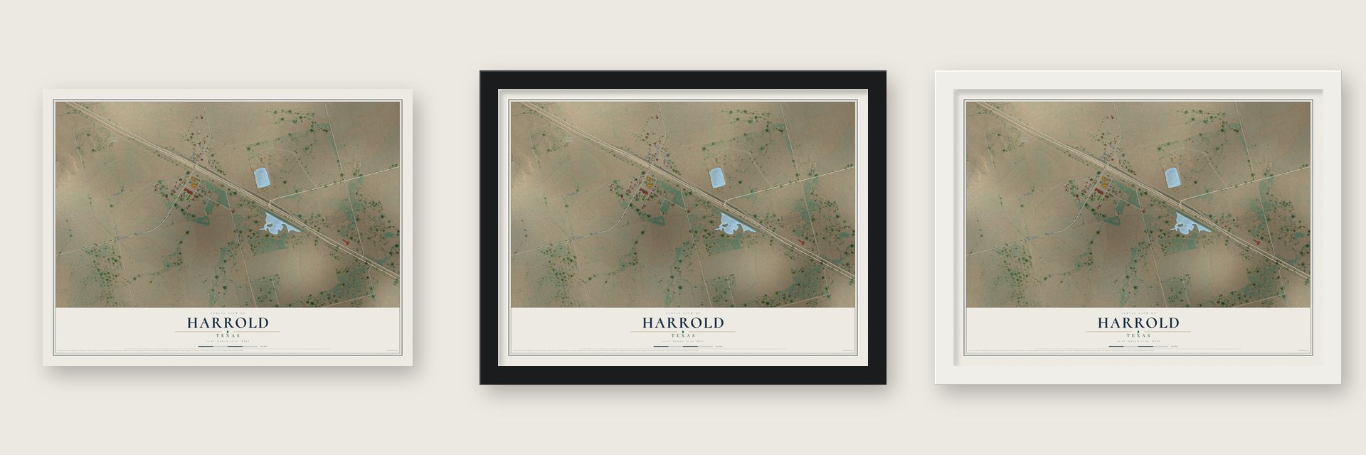 Harrold, Texas map unframed, in a black wood frame and in a white wood frame
