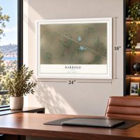 Harrold, Texas map, 18 x 24 inch print in a white frame in a home office