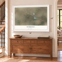 Harrold, Texas map, 24 x 36 inch print in a white frame above a dresser by a staircase