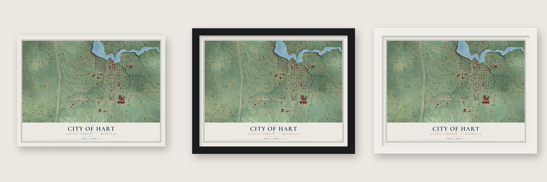 Hart, Michigan map unframed, in a black wood frame and in a white wood frame