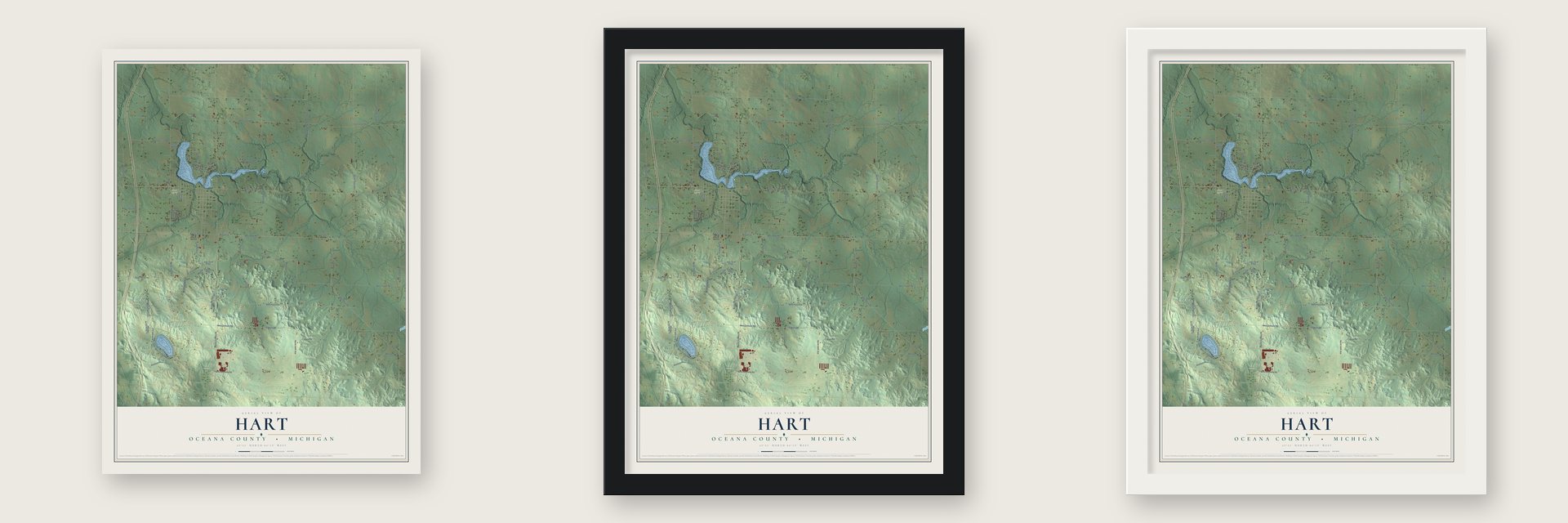 Hart, Oceana County, Michigan map unframed, in a black wood frame and in a white wood frame