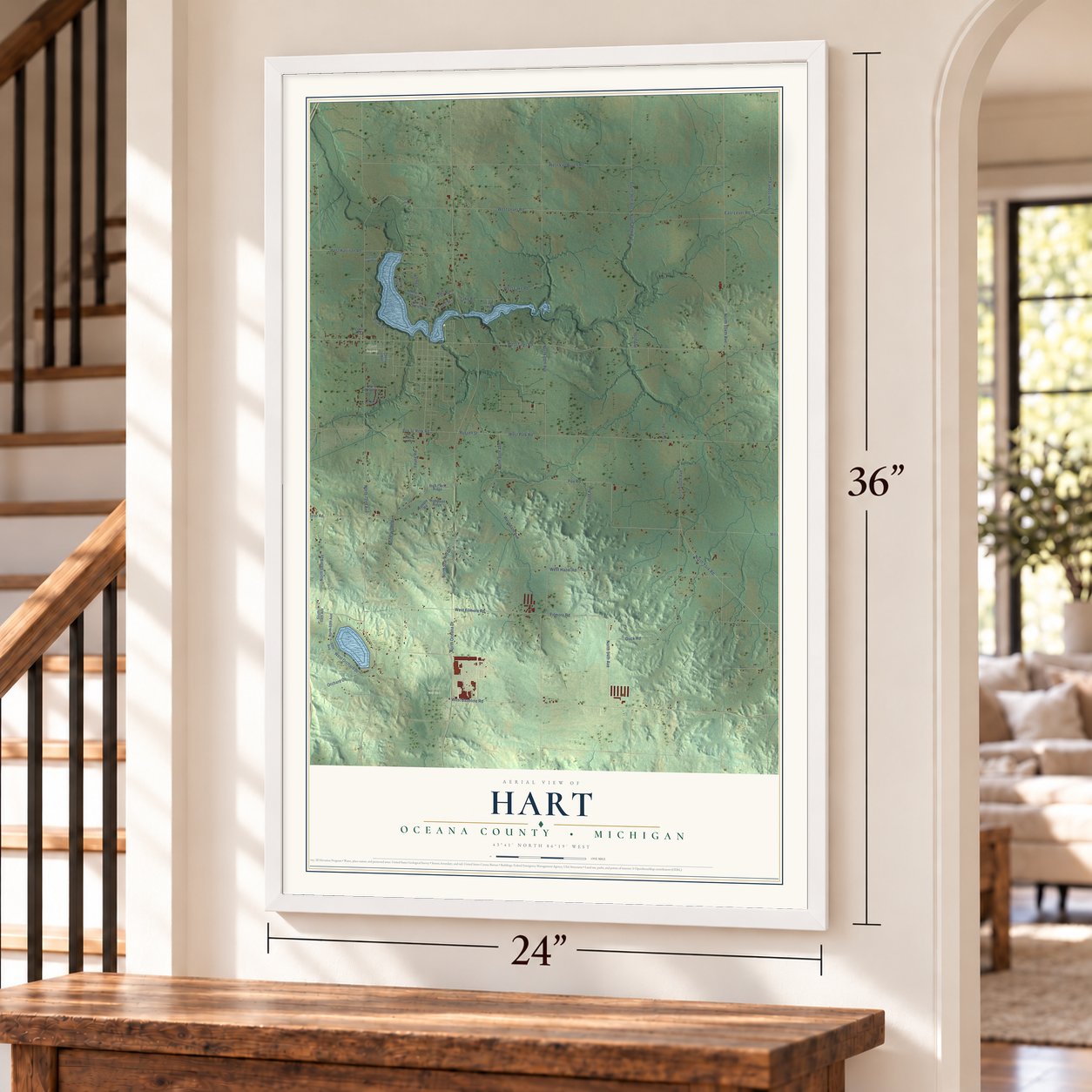 Hart, Oceana County, Michigan map, 24 x 36 inch print in a white frame by a staircase