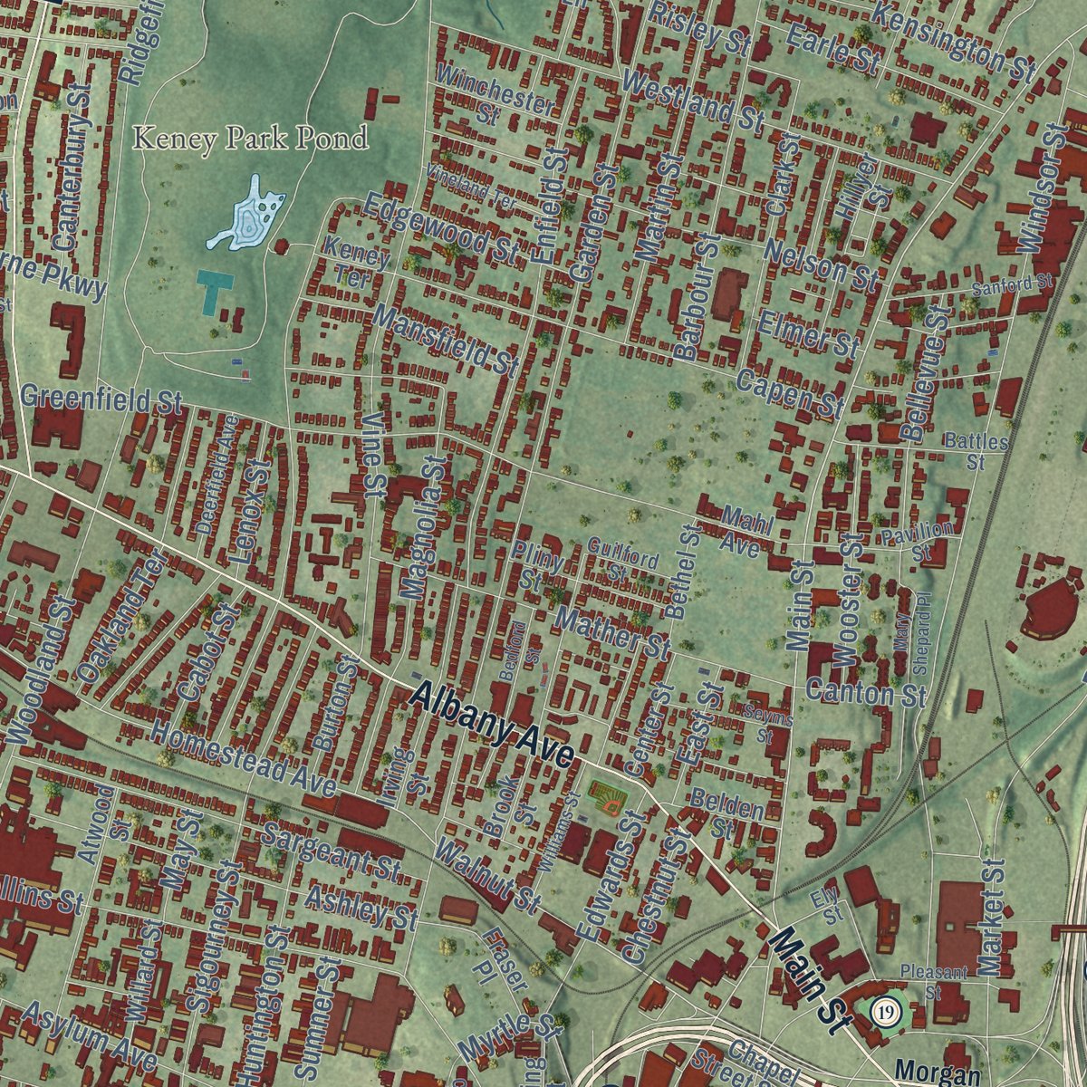 Second close-up of the map of Hartford, Connecticut print showing more streets and buildings