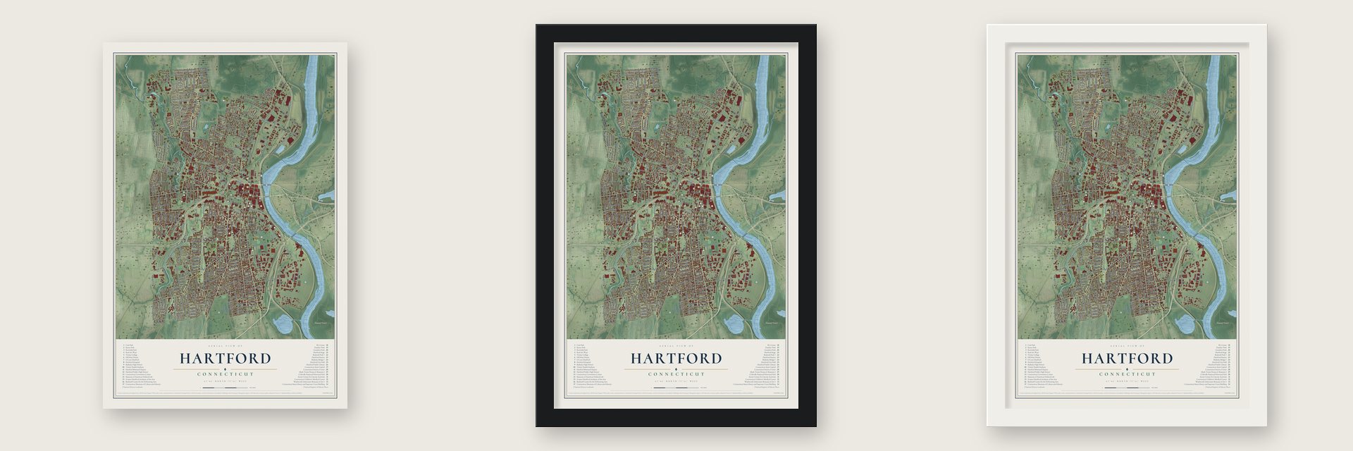 Hartford, Connecticut map unframed, in a black wood frame and in a white wood frame