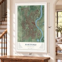 Hartford, Connecticut map, 24 x 36 inch print in a white frame by a staircase