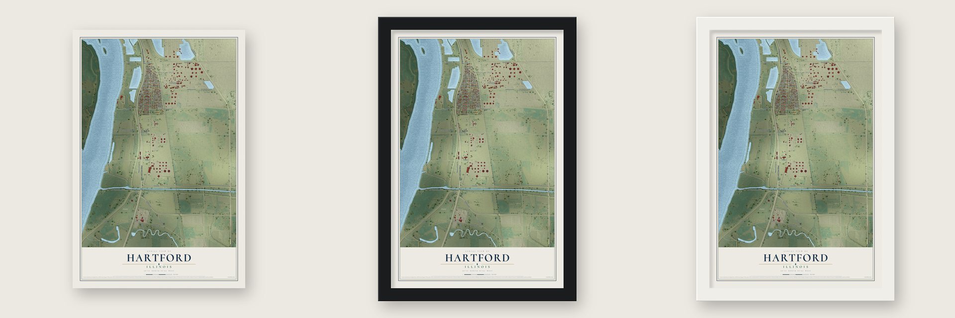 Hartford, Illinois map unframed, in a black wood frame and in a white wood frame