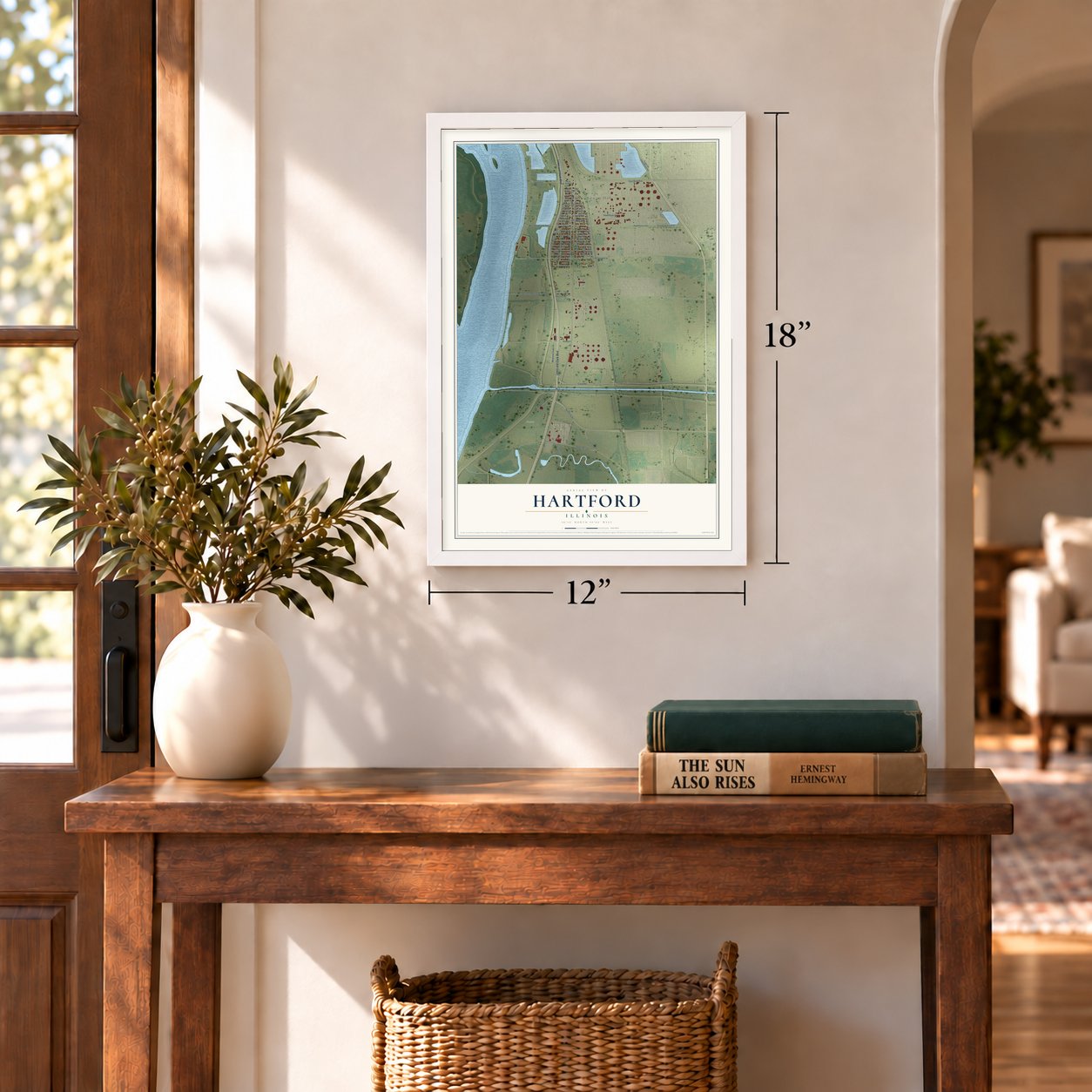 Hartford, Illinois map, 12 x 18 inch print in a white frame in an entryway