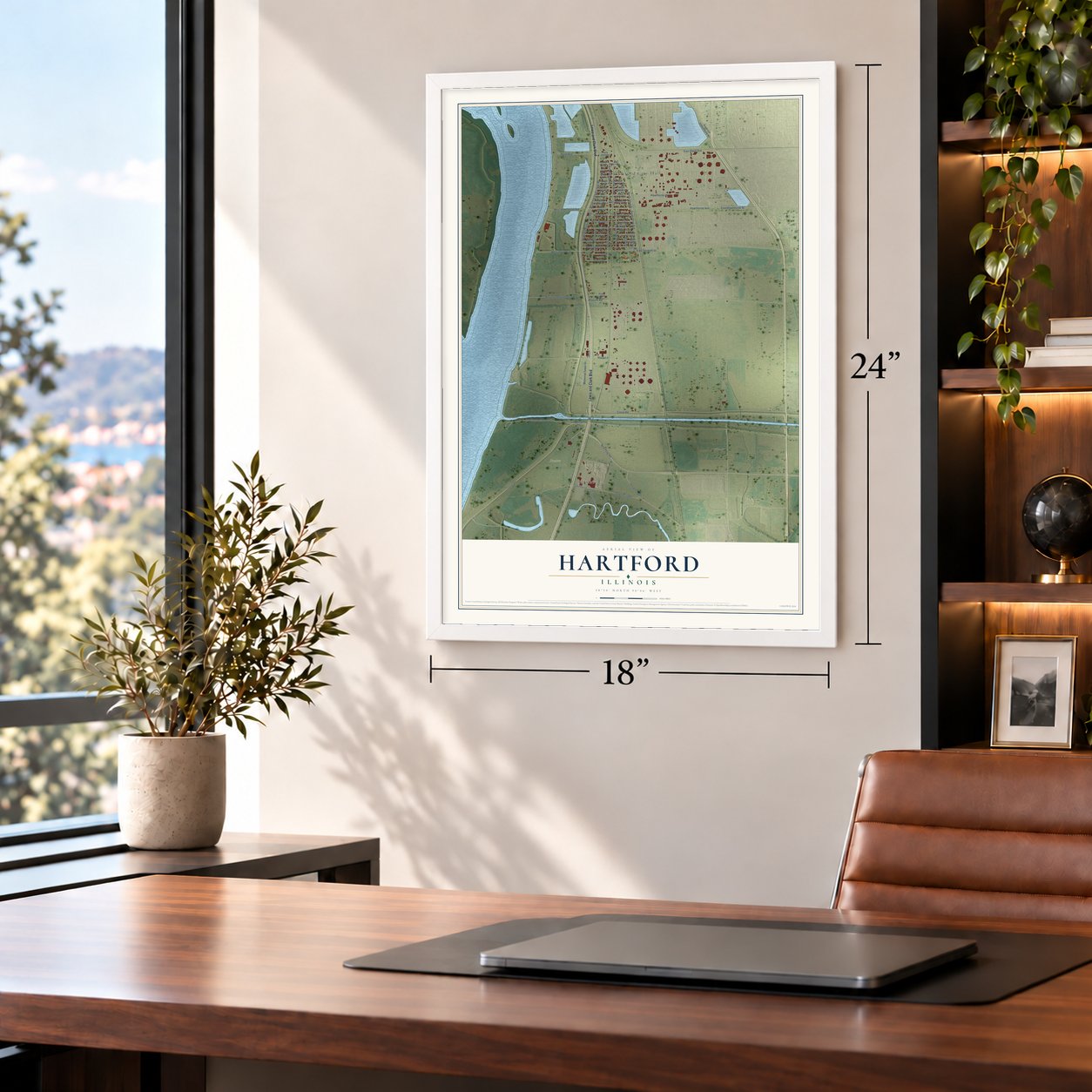 Hartford, Illinois map, 18 x 24 inch print in a white frame in a home office