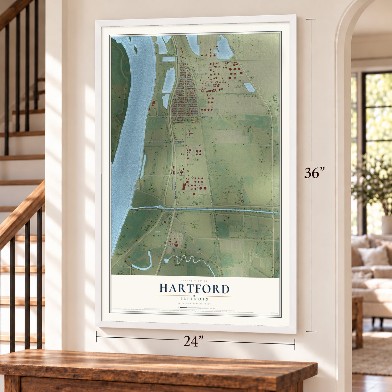 Hartford, Illinois map, 24 x 36 inch print in a white frame by a staircase