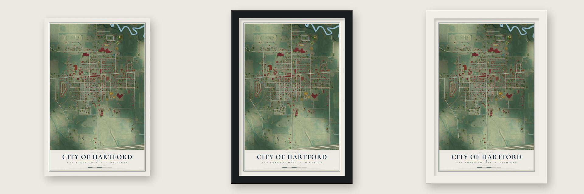 Hartford, Michigan map unframed, in a black wood frame and in a white wood frame