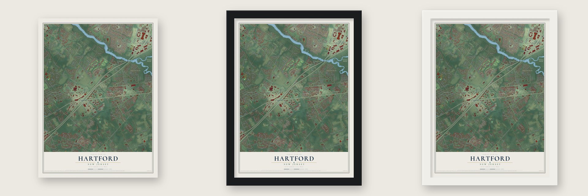 Hartford, New Jersey map unframed, in a black wood frame and in a white wood frame