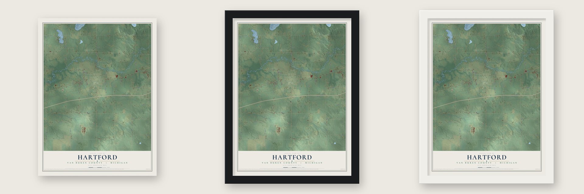 Hartford, Van Buren County, Michigan map unframed, in a black wood frame and in a white wood frame