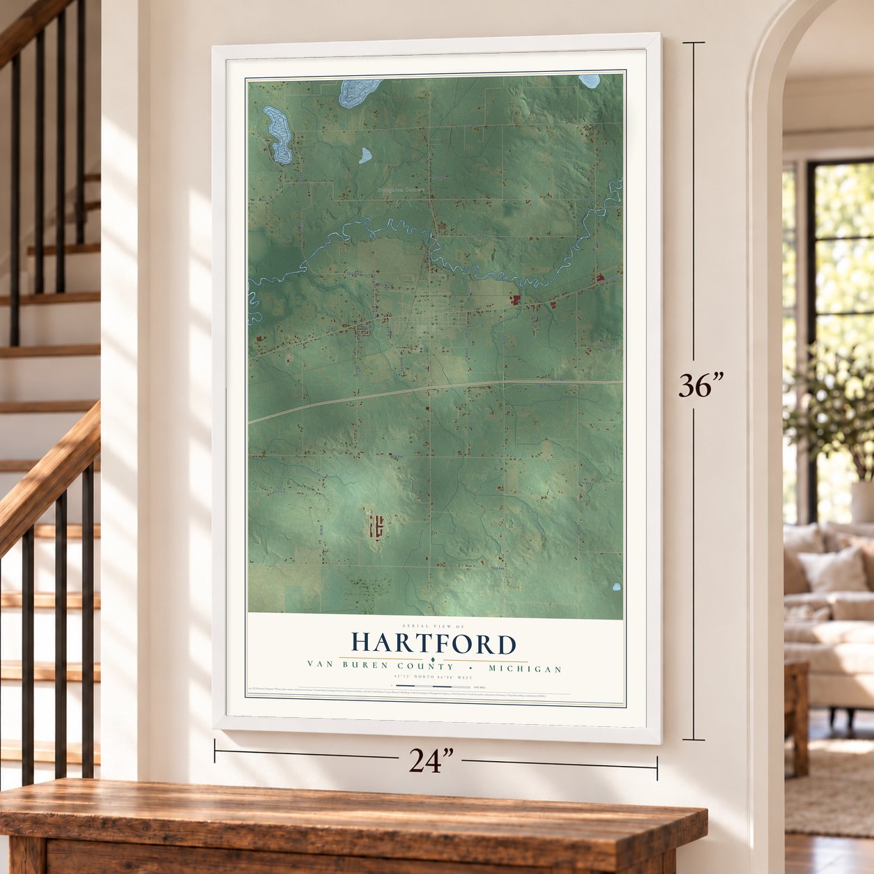 Hartford, Van Buren County, Michigan map, 24 x 36 inch print in a white frame by a staircase
