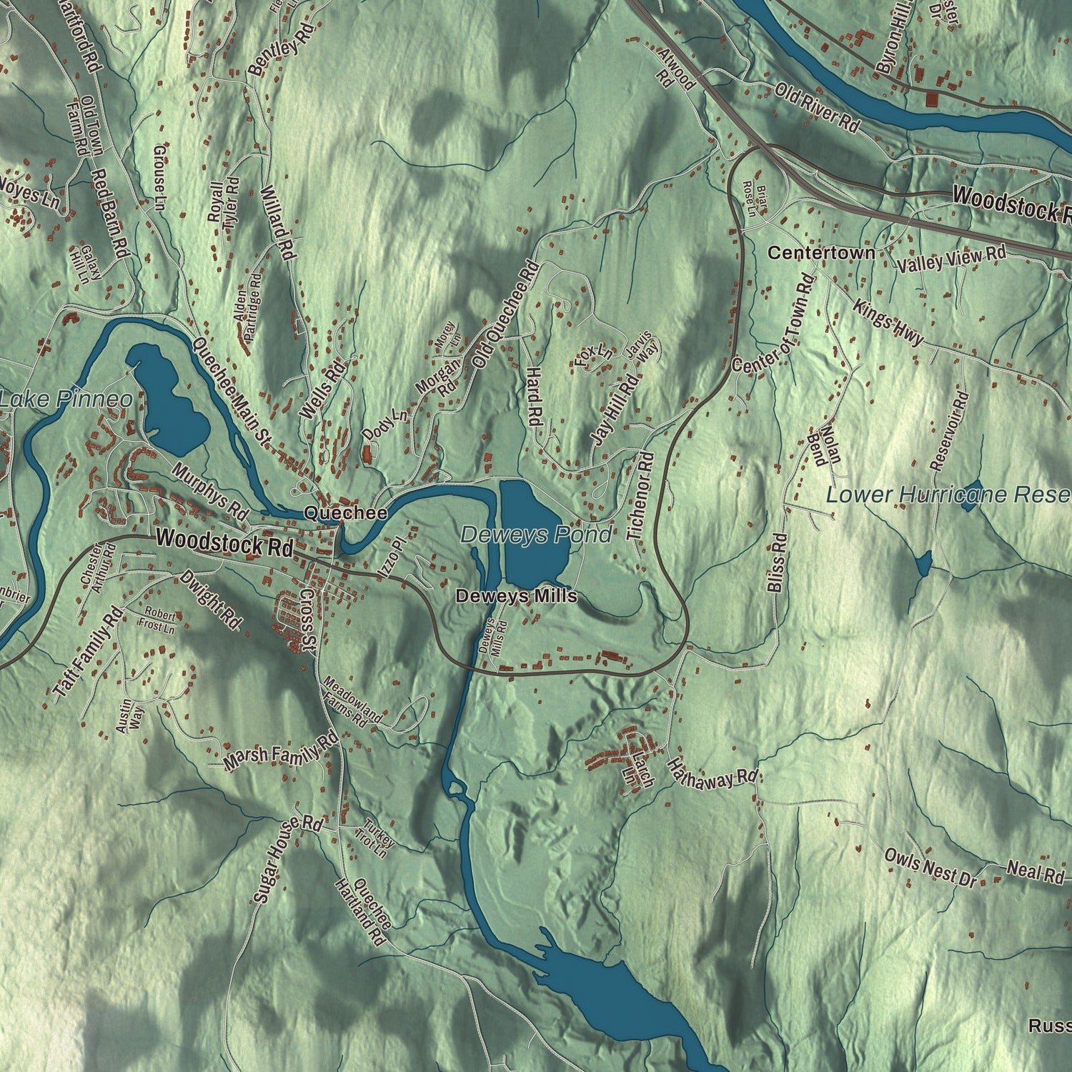 Close-up of the map of Hartford, Vermont print showing terrain and local geography