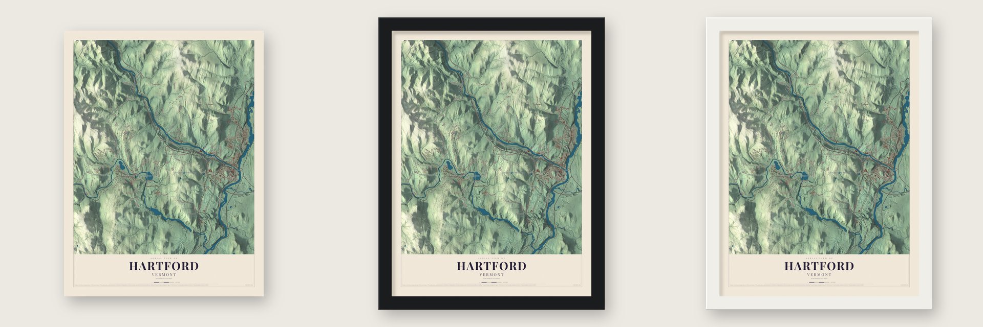 Hartford, Vermont map unframed, in a black wood frame and in a white wood frame