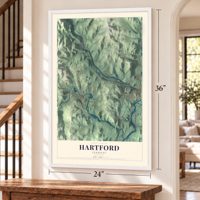 Hartford, Vermont map, 24 x 36 inch print in a white frame by a staircase