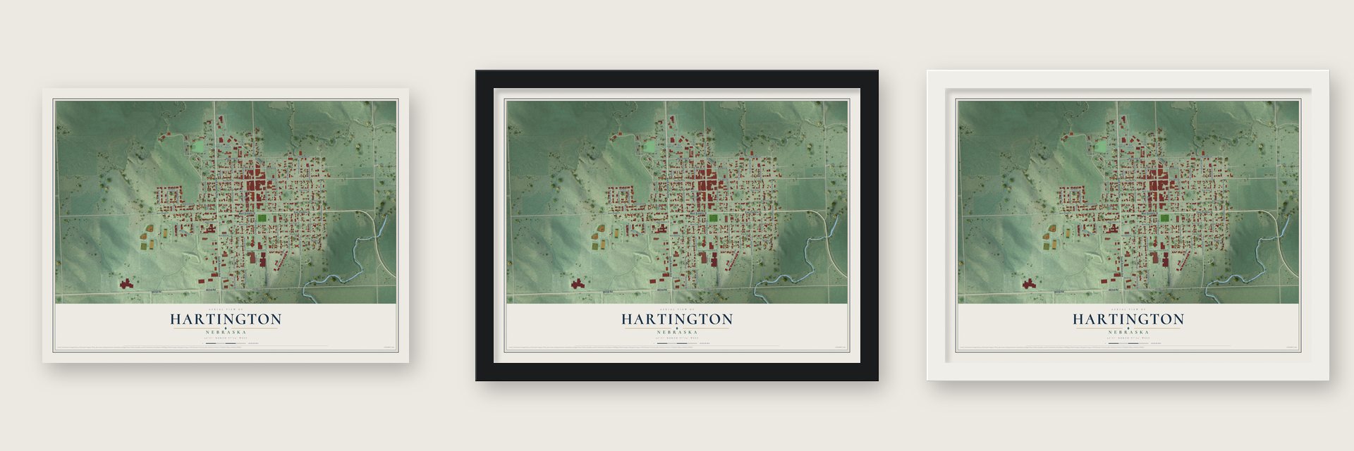 Hartington, Nebraska map unframed, in a black wood frame and in a white wood frame