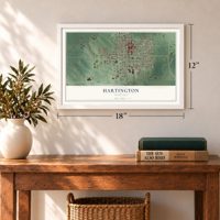 Hartington, Nebraska map, 12 x 18 inch print in a white frame in an entryway
