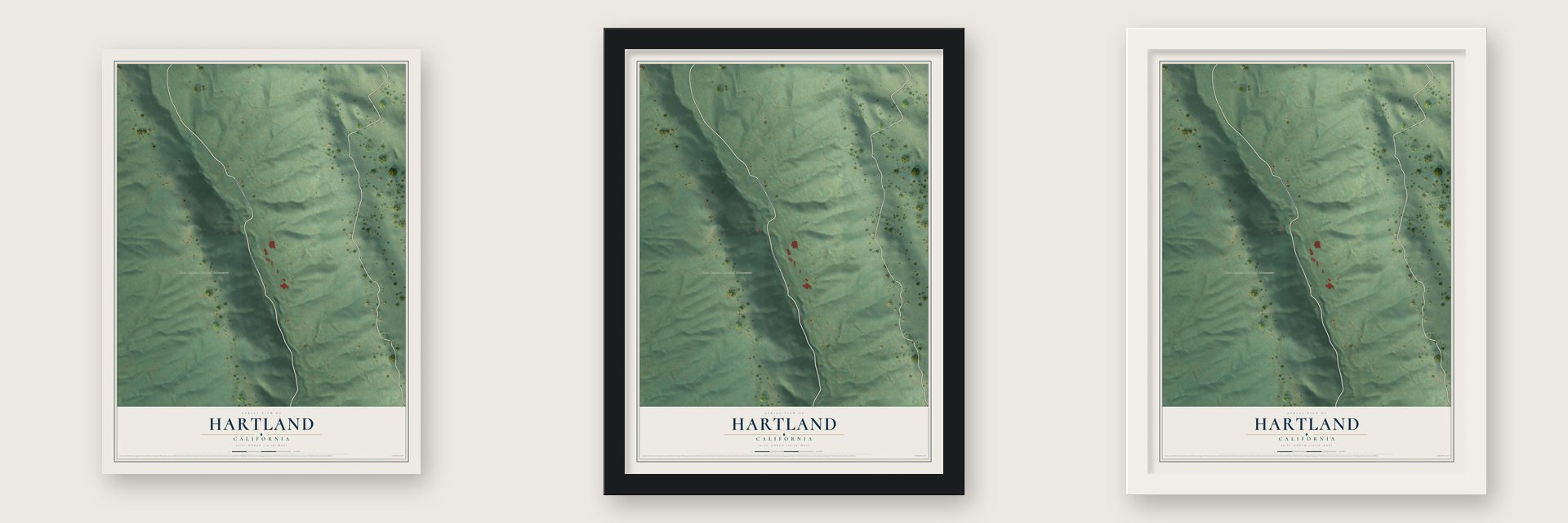 Hartland, California map unframed, in a black wood frame and in a white wood frame