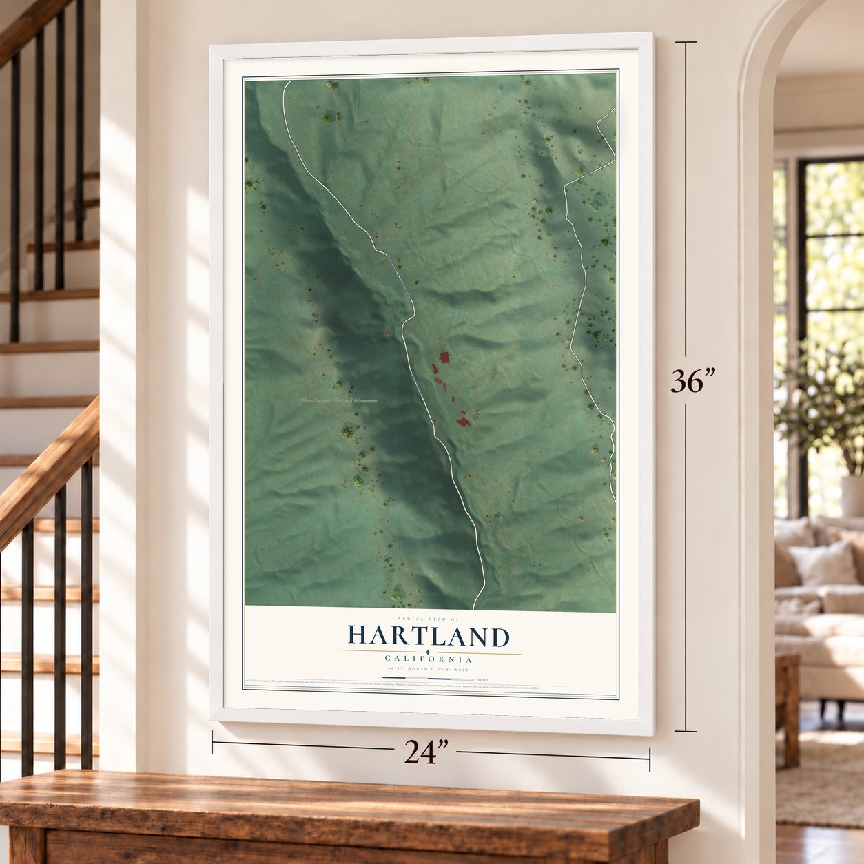 Hartland, California map, 24 x 36 inch print in a white frame by a staircase