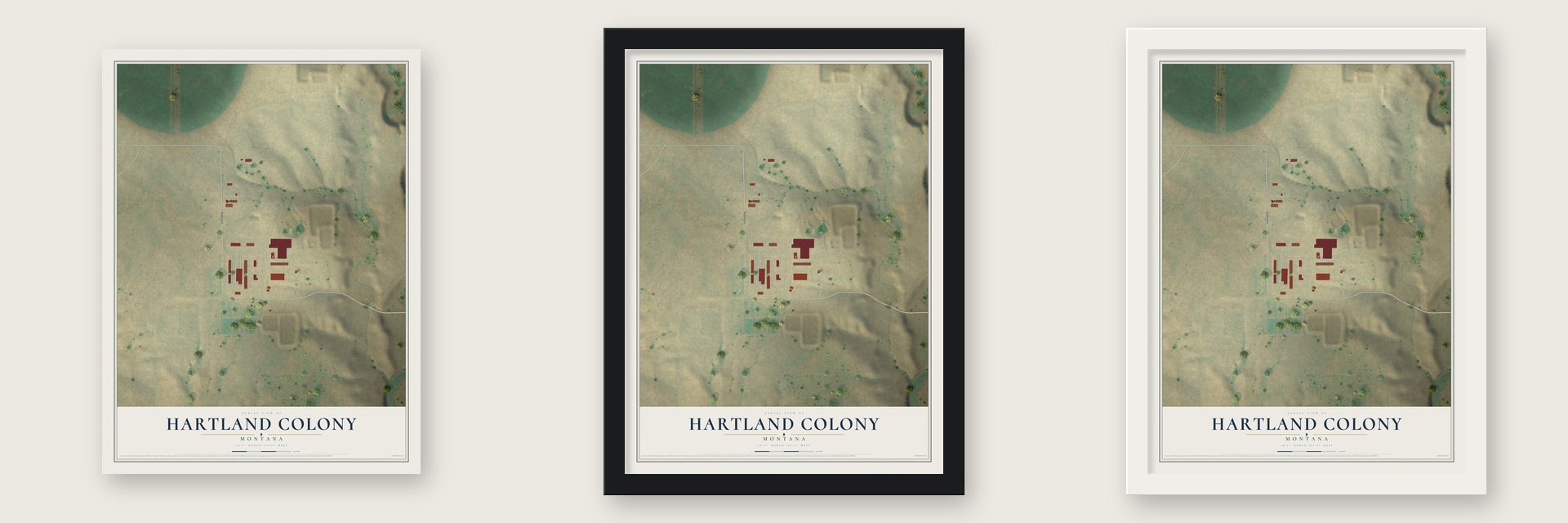 Hartland Colony, Montana map unframed, in a black wood frame and in a white wood frame
