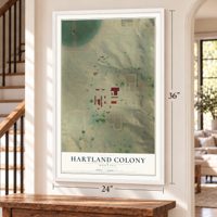 Hartland Colony, Montana map, 24 x 36 inch print in a white frame by a staircase