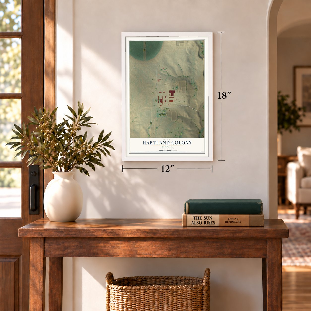 Hartland Colony, Montana map, 12 x 18 inch print in a white frame in an entryway