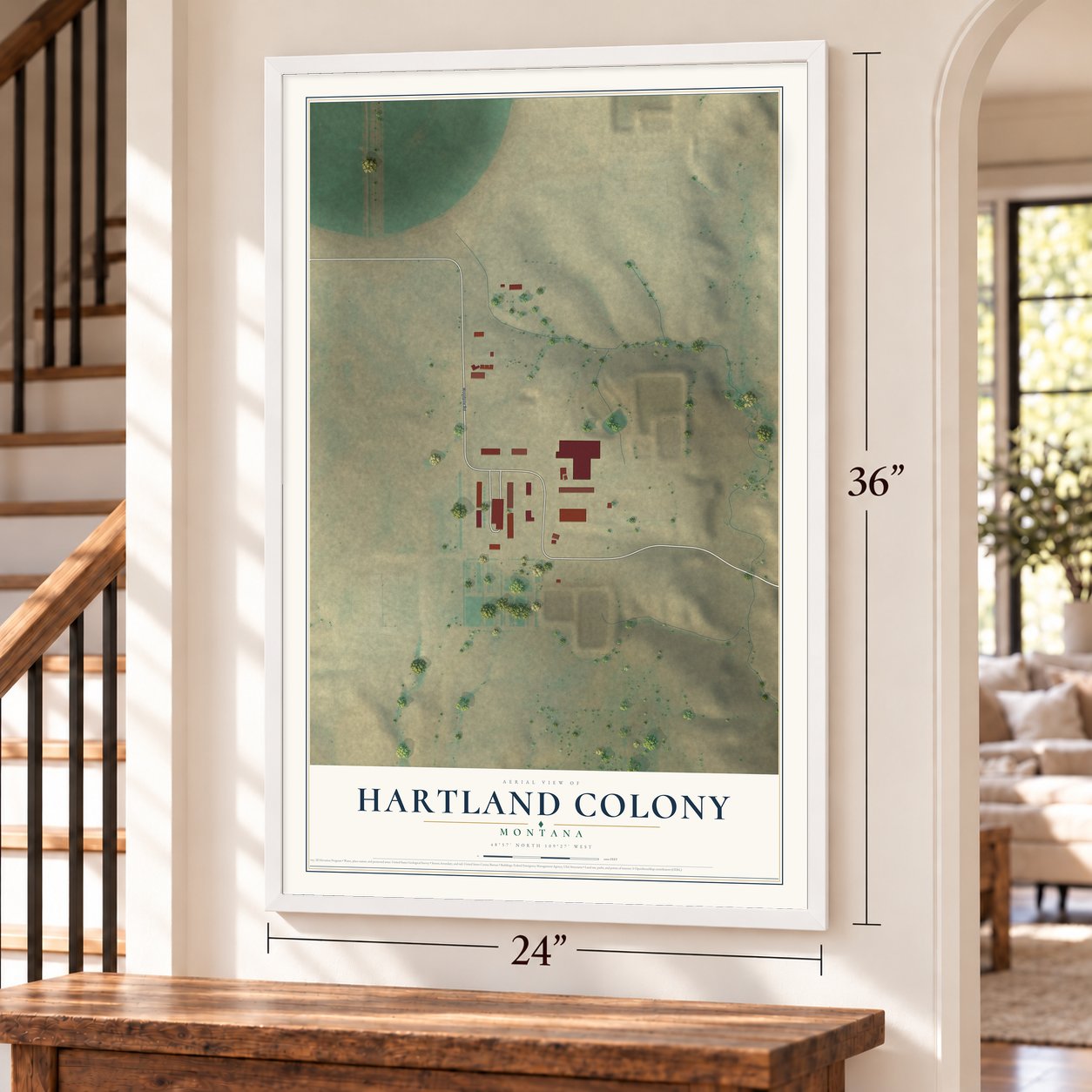 Hartland Colony, Montana map, 24 x 36 inch print in a white frame by a staircase