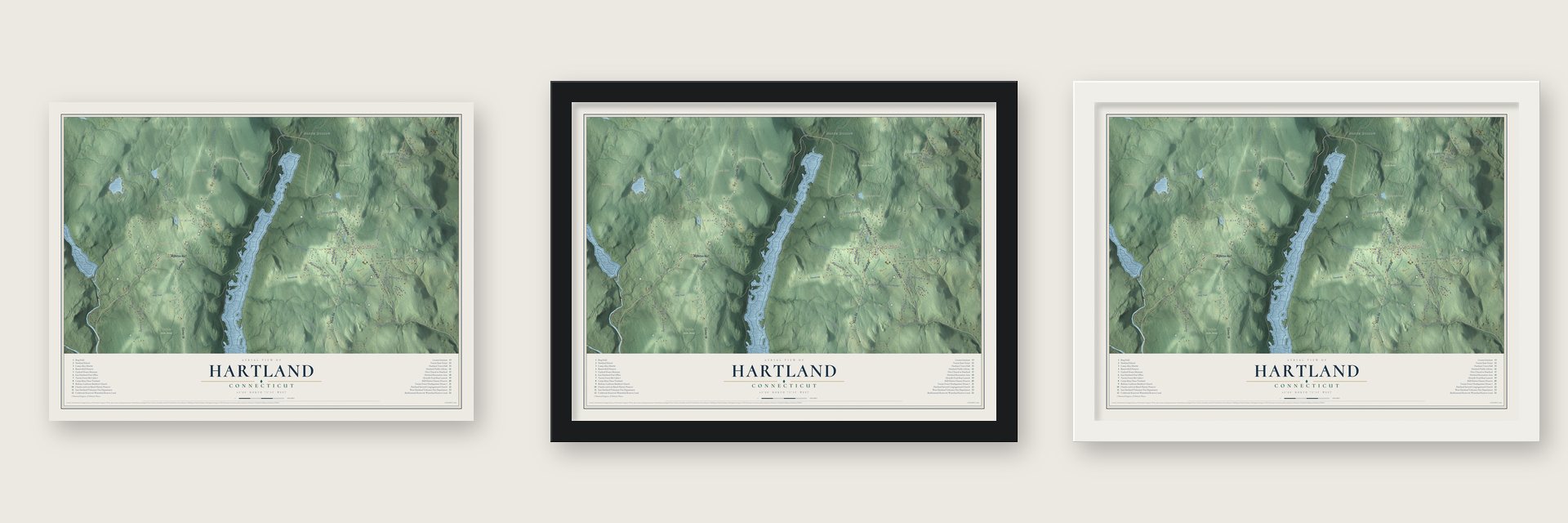 Hartland, Connecticut map unframed, in a black wood frame and in a white wood frame