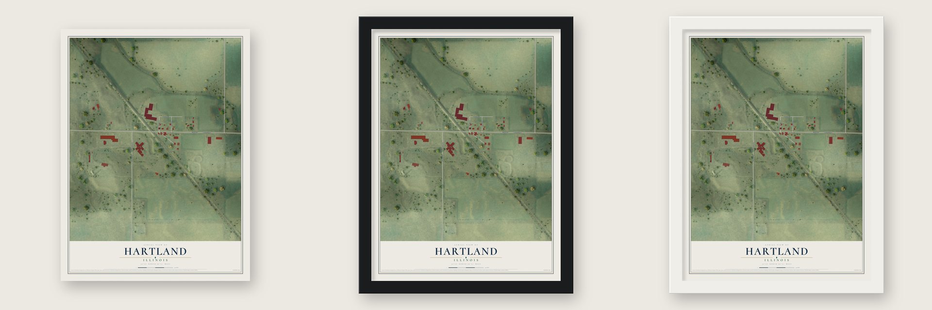 Hartland, Illinois map unframed, in a black wood frame and in a white wood frame