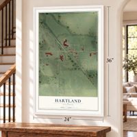 Hartland, Illinois map, 24 x 36 inch print in a white frame by a staircase