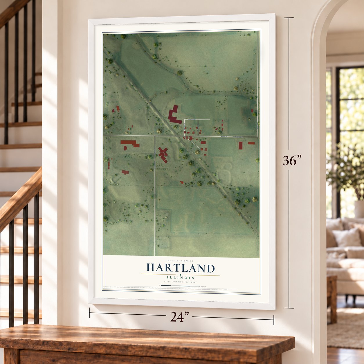 Hartland, Illinois map, 24 x 36 inch print in a white frame by a staircase