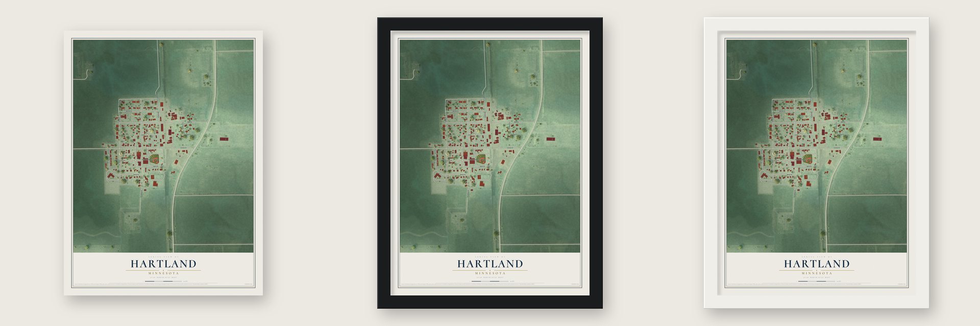 Hartland, Minnesota map unframed, in a black wood frame and in a white wood frame