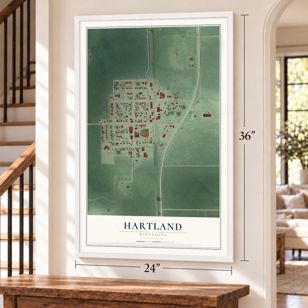 Hartland, Minnesota map, 24 x 36 inch print in a white frame by a staircase
